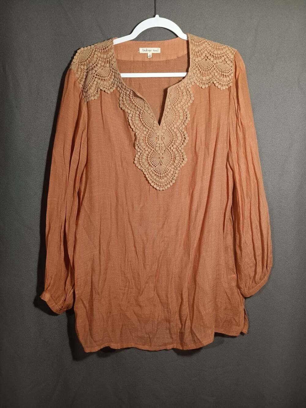 Indigo Soul Blouse Large Burnt Orange Semi Sheer Lace Detail Boho Top